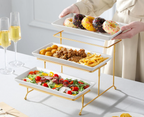 3-Tier Serving Tray: 12-Inch White Porcelain Trays with Collapsible Gold Metal Stand – Dessert Display Stand