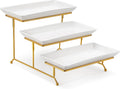 3-Tier Serving Tray: 12-Inch White Porcelain Trays with Collapsible Gold Metal Stand – Dessert Display Stand