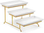 3-Tier Serving Tray: 12-Inch White Porcelain Trays with Collapsible Gold Metal Stand – Dessert Display Stand