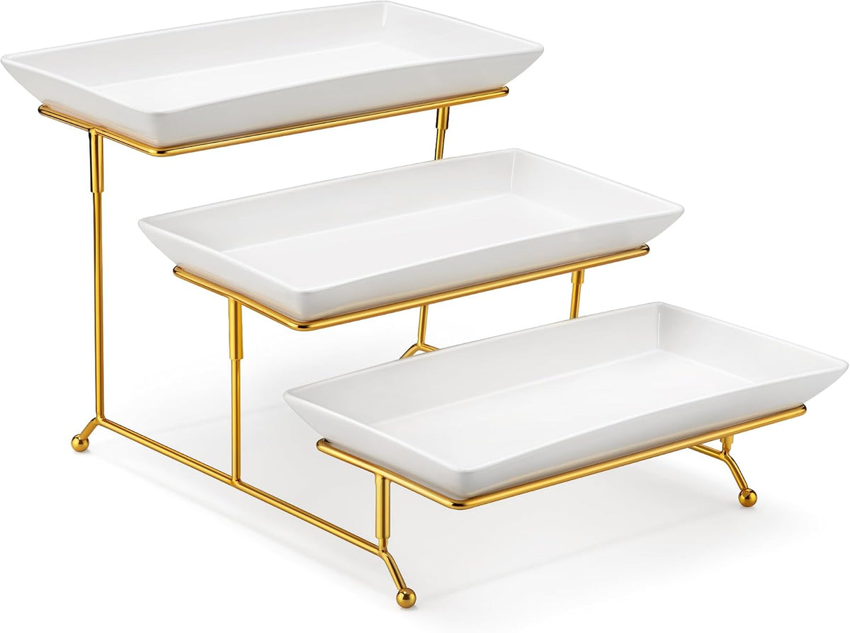 3-Tier Serving Tray: 12-Inch White Porcelain Trays with Collapsible Gold Metal Stand – Dessert Display Stand