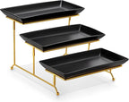 3-Tier Serving Tray: 12-Inch White Porcelain Trays with Collapsible Gold Metal Stand – Dessert Display Stand