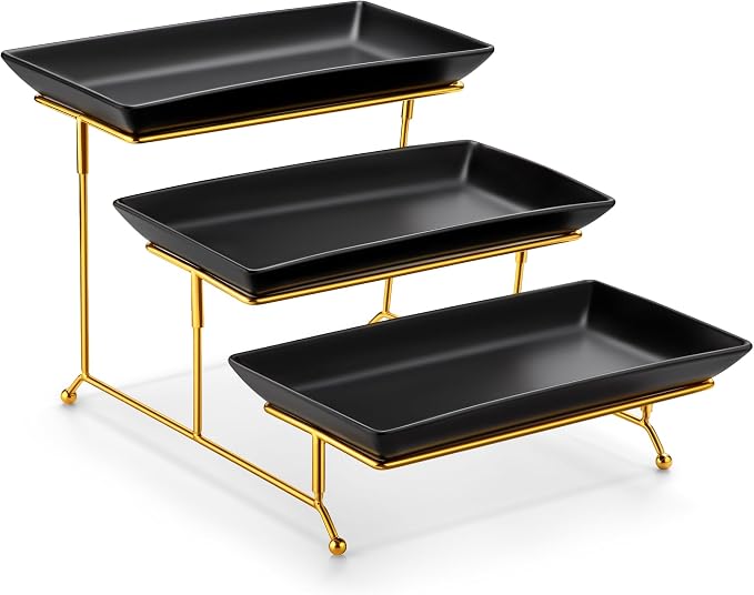 3-Tier Serving Tray: 12-Inch White Porcelain Trays with Collapsible Gold Metal Stand – Dessert Display Stand