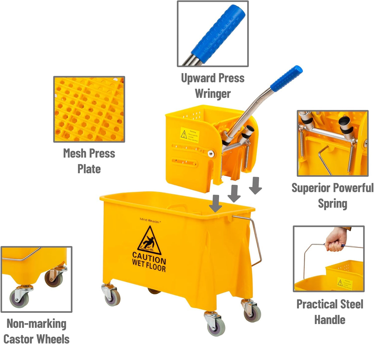 Mind Reader Mop & Bucket Set with Wringer, 5.5 Gallon Wheeled Cleaning System