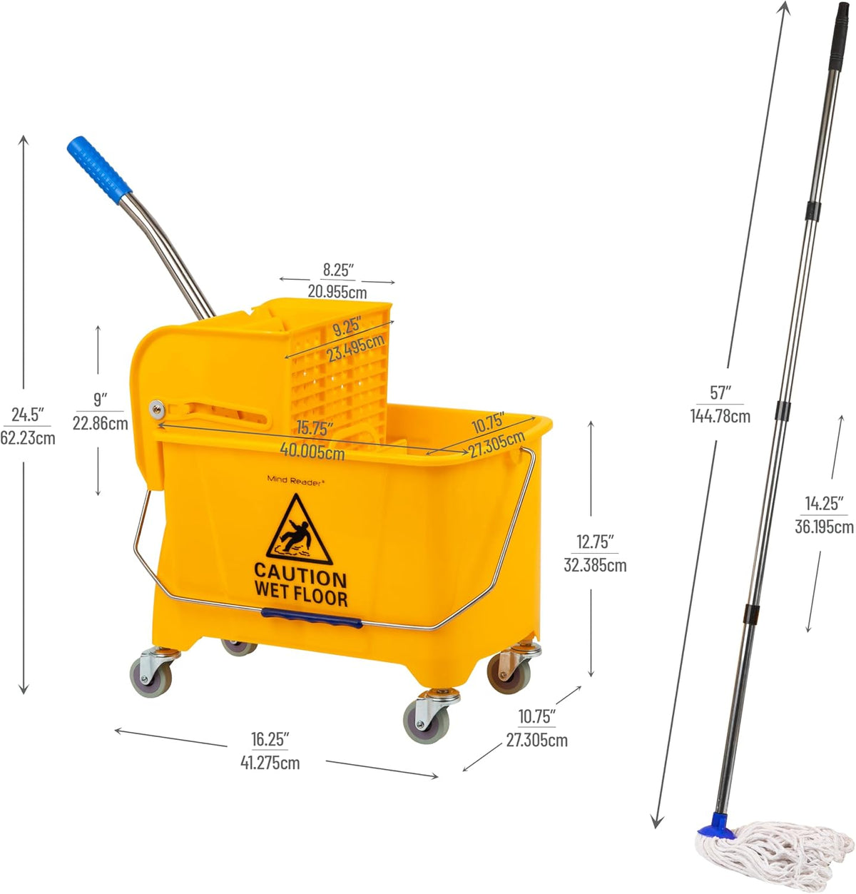 Mind Reader Mop & Bucket Set with Wringer, 5.5 Gallon Wheeled Cleaning System