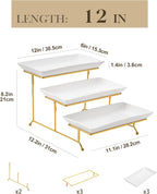 3-Tier Serving Tray: 12-Inch White Porcelain Trays with Collapsible Gold Metal Stand – Dessert Display Stand