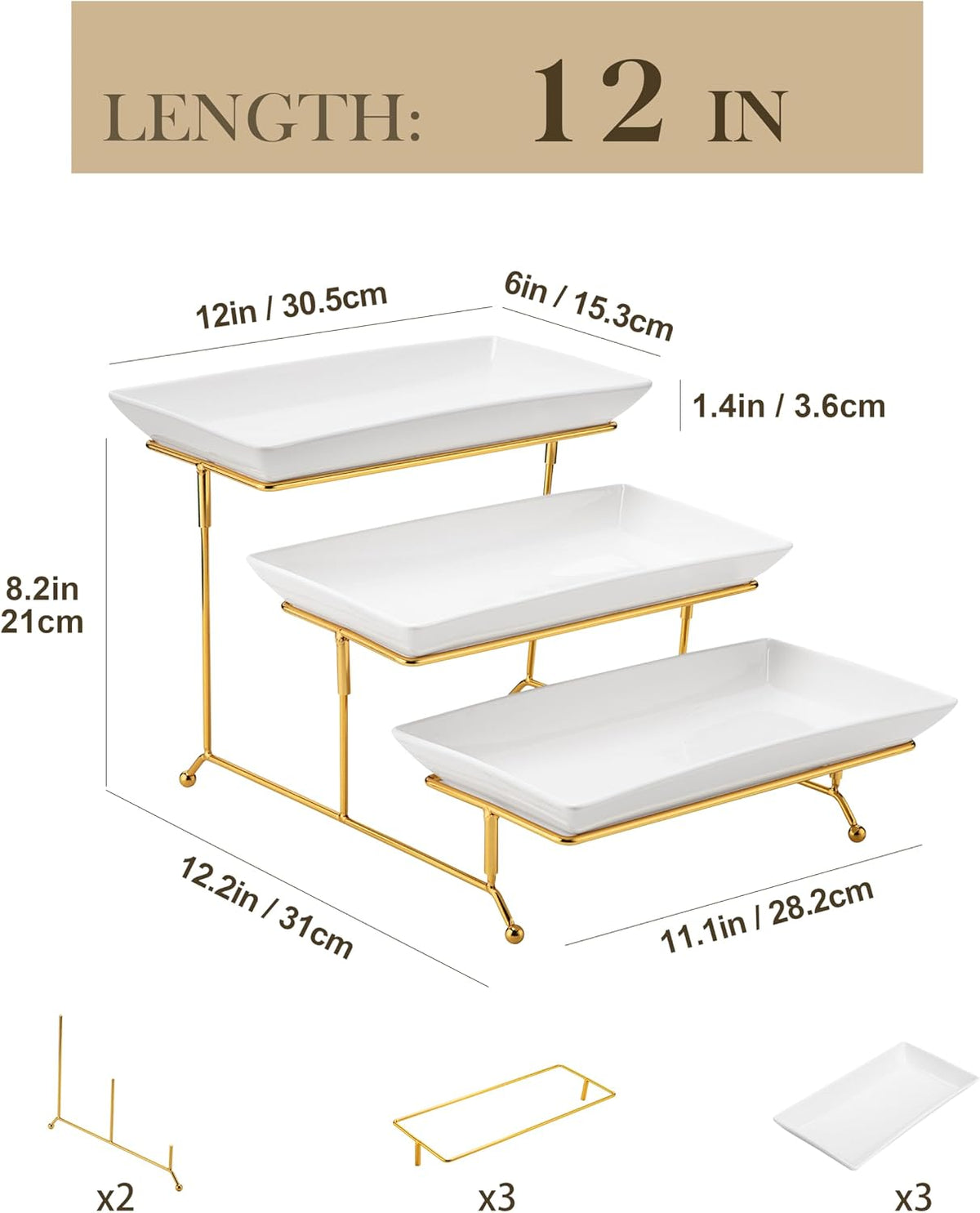 3-Tier Serving Tray: 12-Inch White Porcelain Trays with Collapsible Gold Metal Stand – Dessert Display Stand