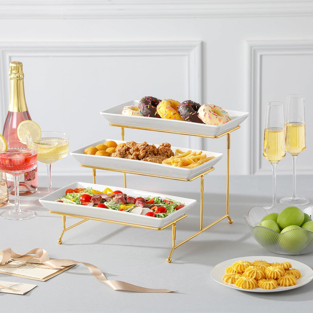 3-Tier Serving Tray: 12-Inch White Porcelain Trays with Collapsible Gold Metal Stand – Dessert Display Stand