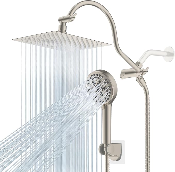 Premium all-metal construction, cUPC certified, 8-inch high-pressure rainfall showerhead.