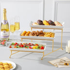 3-Tier Serving Tray: 12-Inch White Porcelain Trays with Collapsible Gold Metal Stand – Dessert Display Stand