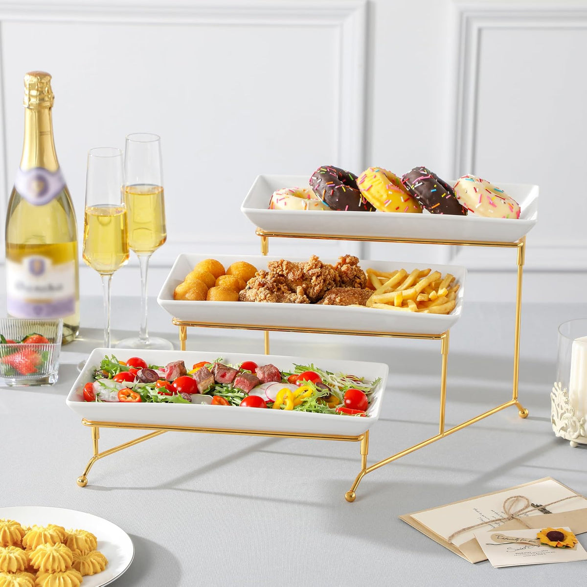 3-Tier Serving Tray: 12-Inch White Porcelain Trays with Collapsible Gold Metal Stand – Dessert Display Stand