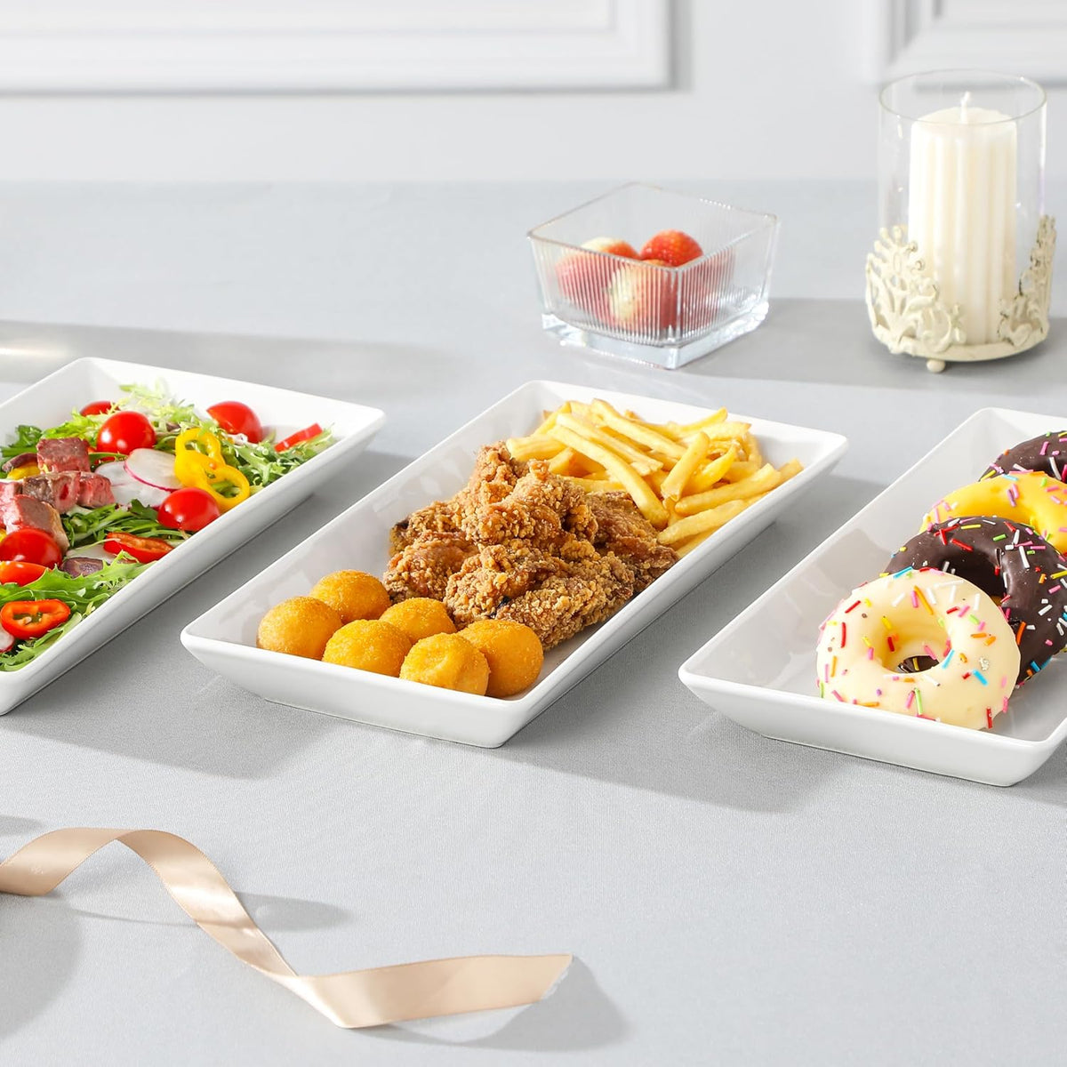 3-Tier Serving Tray: 12-Inch White Porcelain Trays with Collapsible Gold Metal Stand – Dessert Display Stand